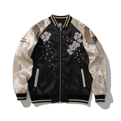 Front view of sukajan with sakura embroidery, beige sleeves