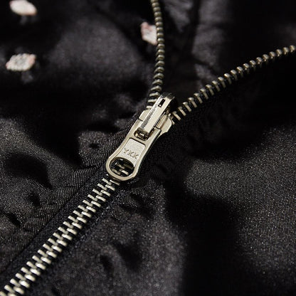 Close-up of metal zipper on a sukajan