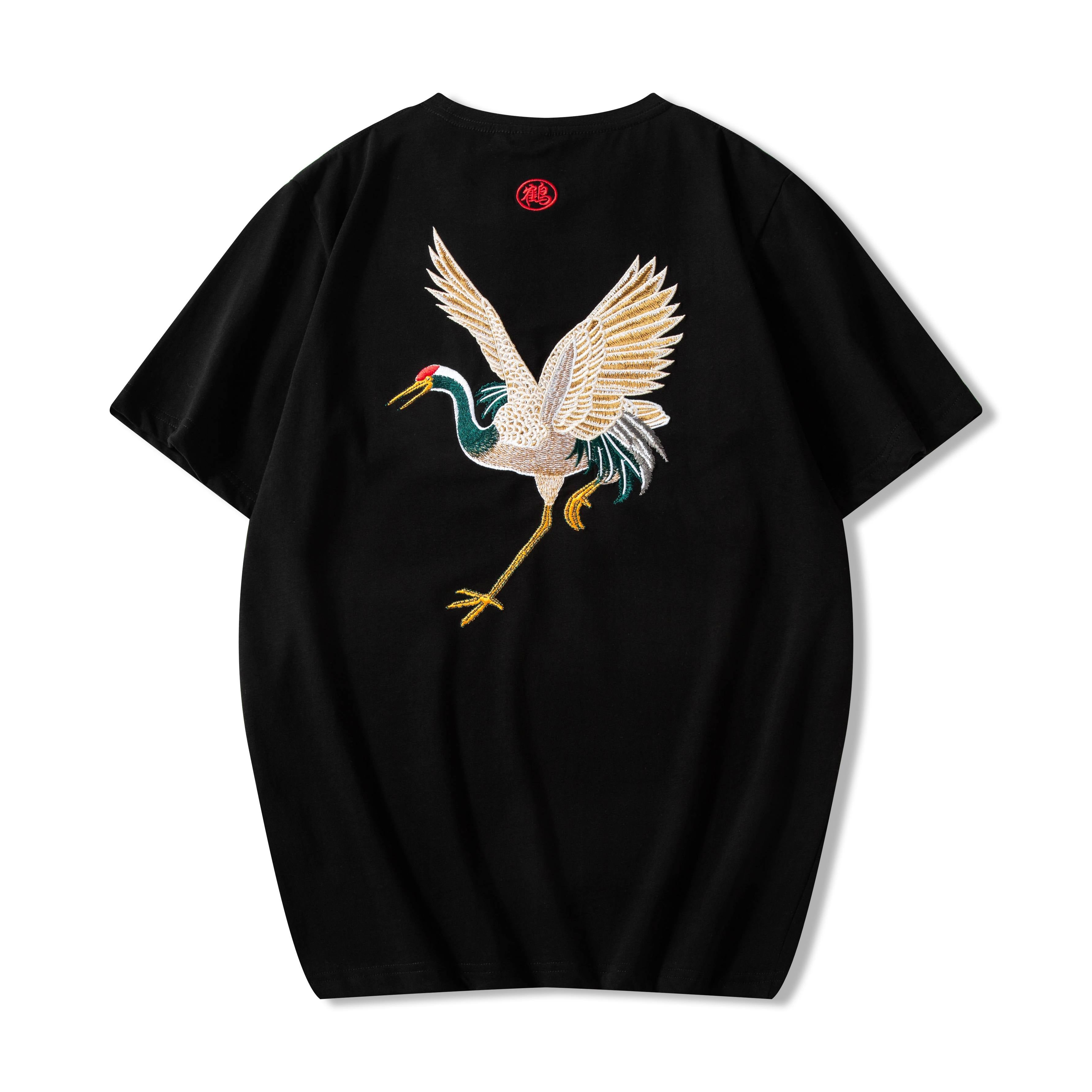 Soaring Crane Embroidered T-Shirt in black, back view showing large flying crane embroidery