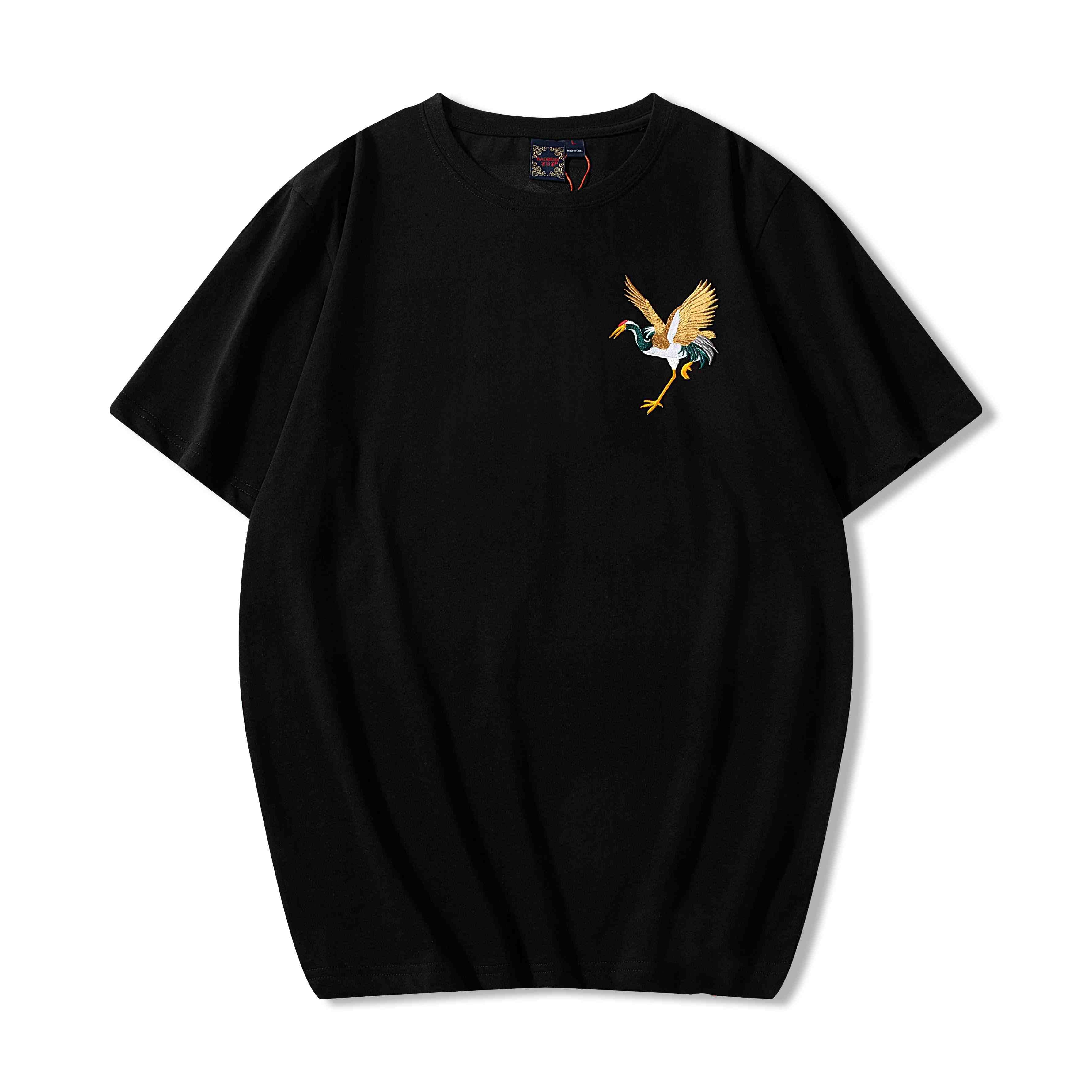 Soaring Crane Embroidered T-Shirt in black, front view with small chest crane embroidery