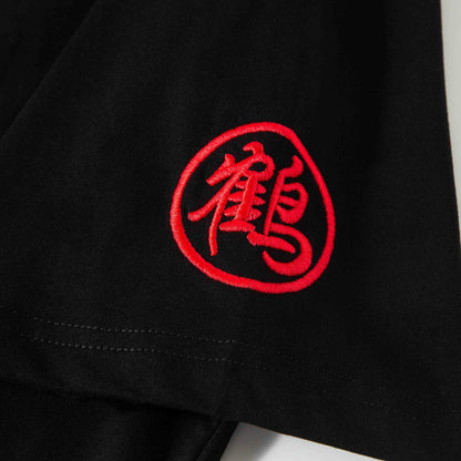 Sleeve detail with red embroidered seal character accent