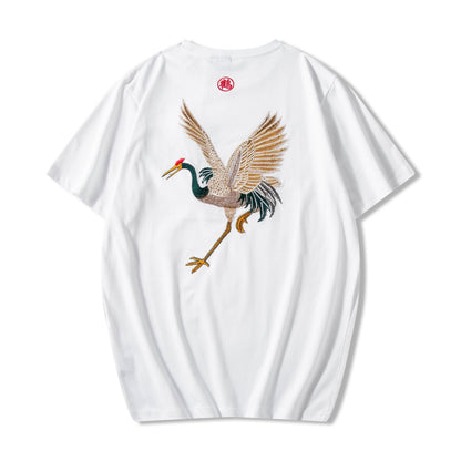 Soaring Crane Embroidered T-Shirt back view with large flying crane embroidery