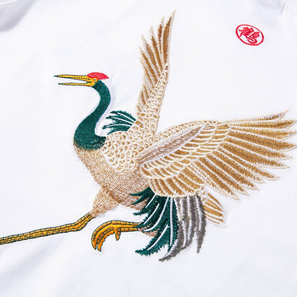Back flying crane embroidery detail on Soaring Crane Embroidered T-Shirt