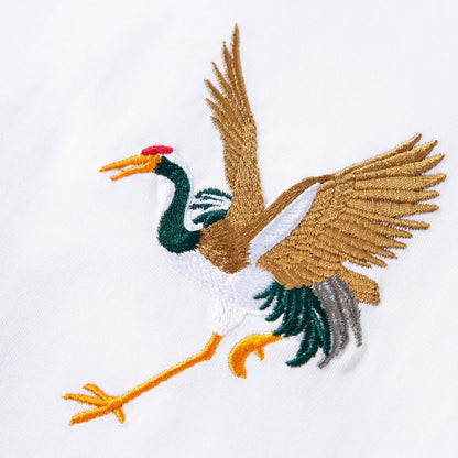 Chest crane embroidery detail on Soaring Crane Embroidered T-Shirt