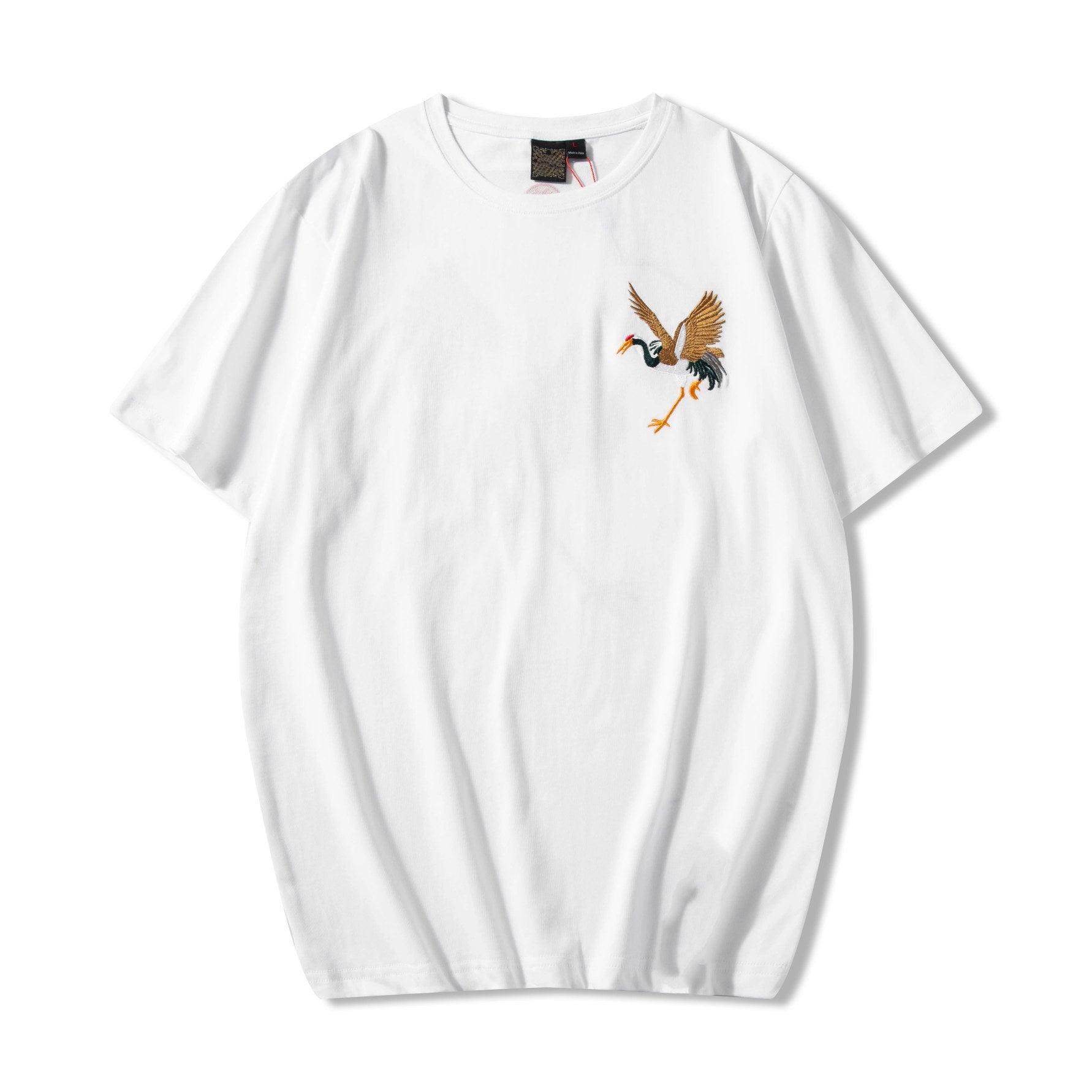 Soaring Crane Embroidered T-Shirt front view with chest crane embroidery