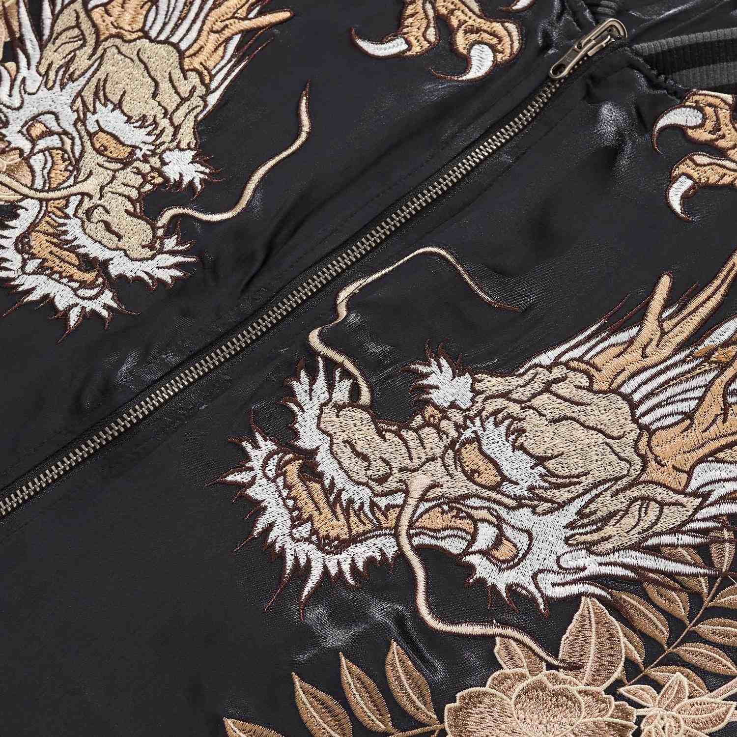 Chest dragon embroidery and front zipper detail on the sukajan jacket