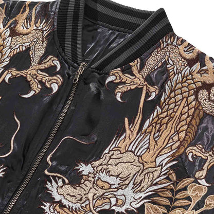 Close-up of dragon head and claws embroidery near the collar on the sukajan jacket