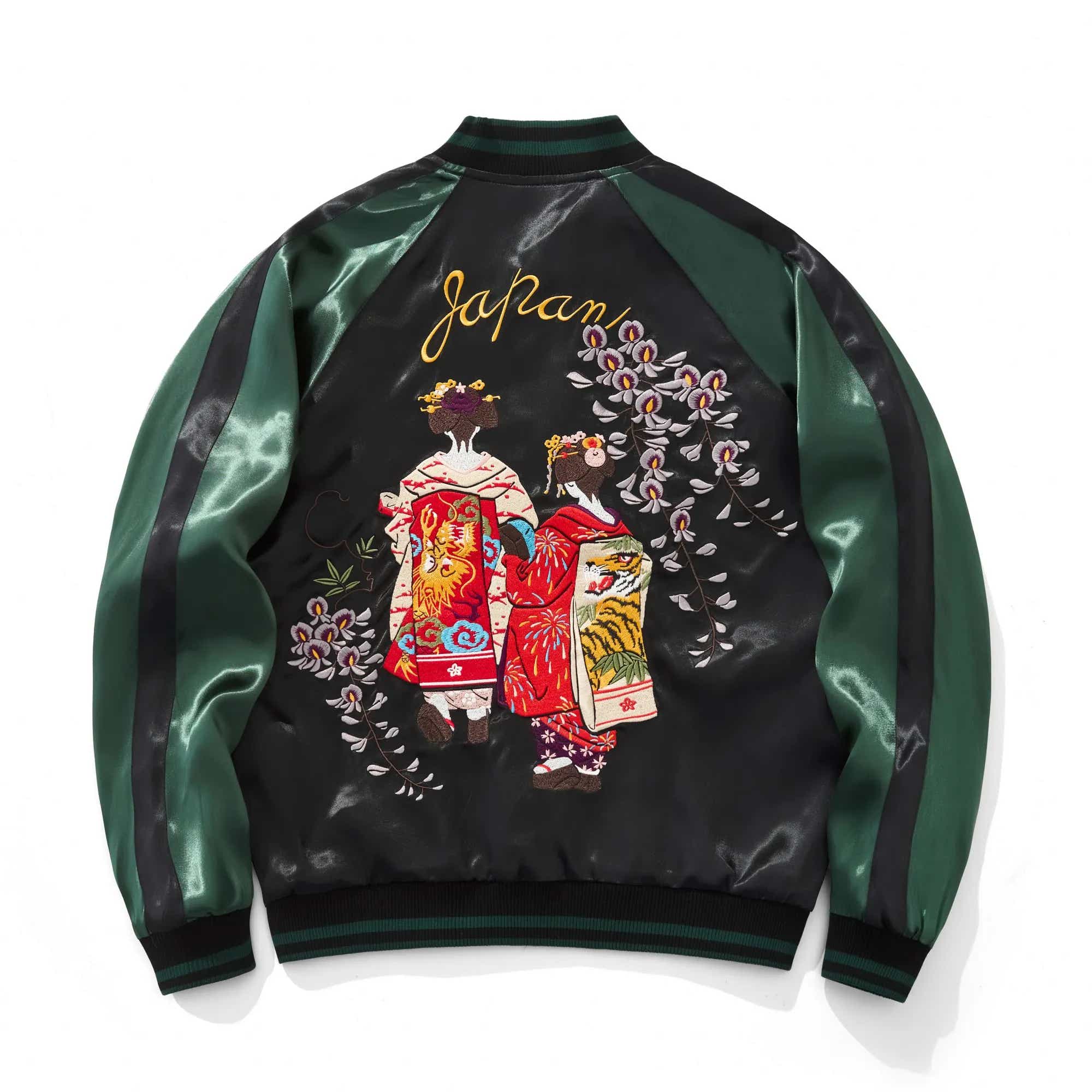 Back view of green color Fujido satin Sukajan jacket featuring two Geishas in Dragon and Tiger kimonos under purple Wisteria embroidery.