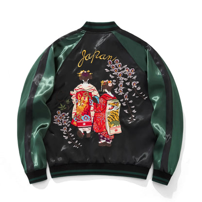 Back view of green color Fujido satin Sukajan jacket featuring two Geishas in Dragon and Tiger kimonos under purple Wisteria embroidery.