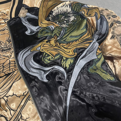 Fujin embroidery detail at the front—wind swirls and flowing robe on the sukajan jacket.