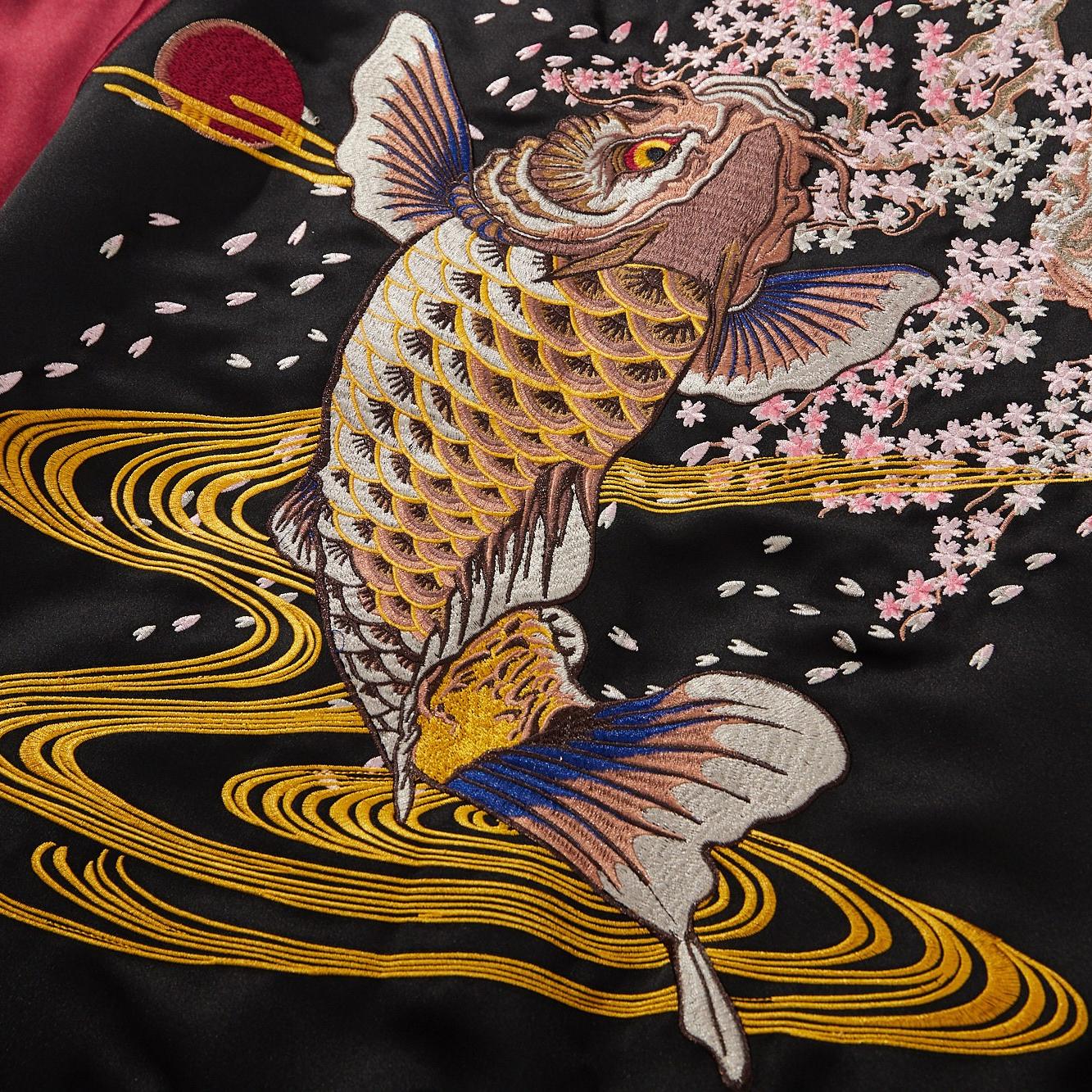 Back artwork close-up of the leaping koi and flowing water lines