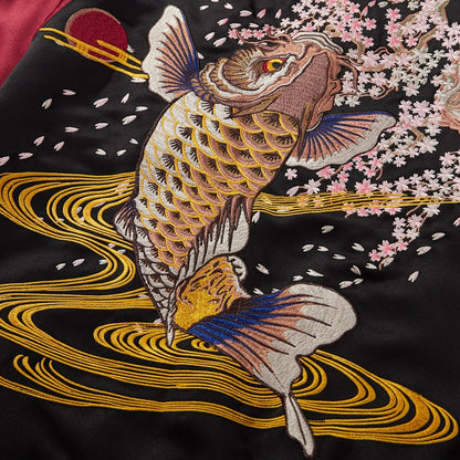 Back artwork close-up of the leaping koi and flowing water lines