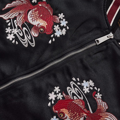 Close-up of the chest embroidery with ripples and sakura around the goldfish