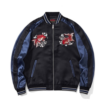 Front view of navy sukajan jacket with twin goldfish chest embroidery and welt pockets