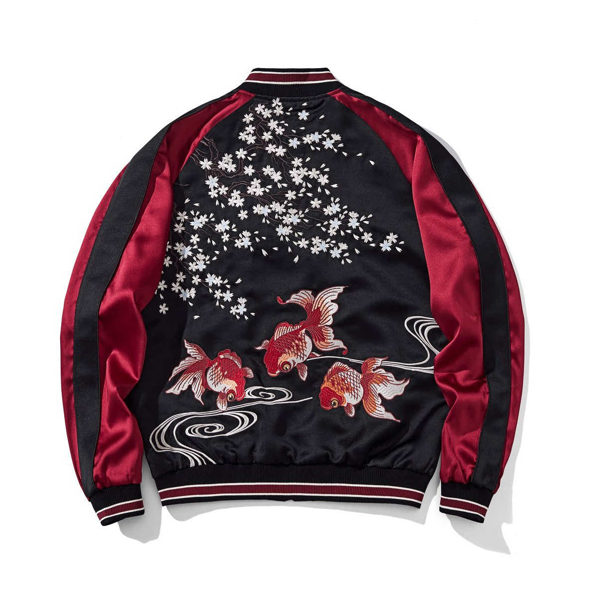 Back view of red sukajan jacket featuring the goldfish trio and drifting sakura