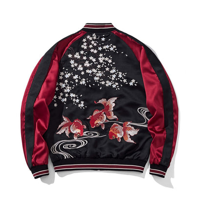 Back view of red sukajan jacket featuring the goldfish trio and drifting sakura