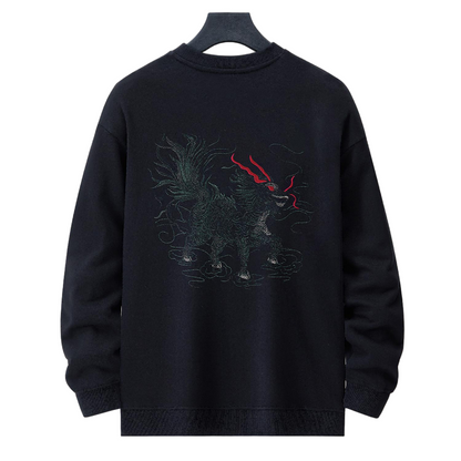 Back view of the black Kirin & Lotus Embroidered Sweatshirt featuring a large Kirin motif