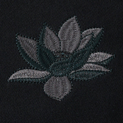 Lotus flower chest embroidery on the black sweatshirt with clean satin stitches