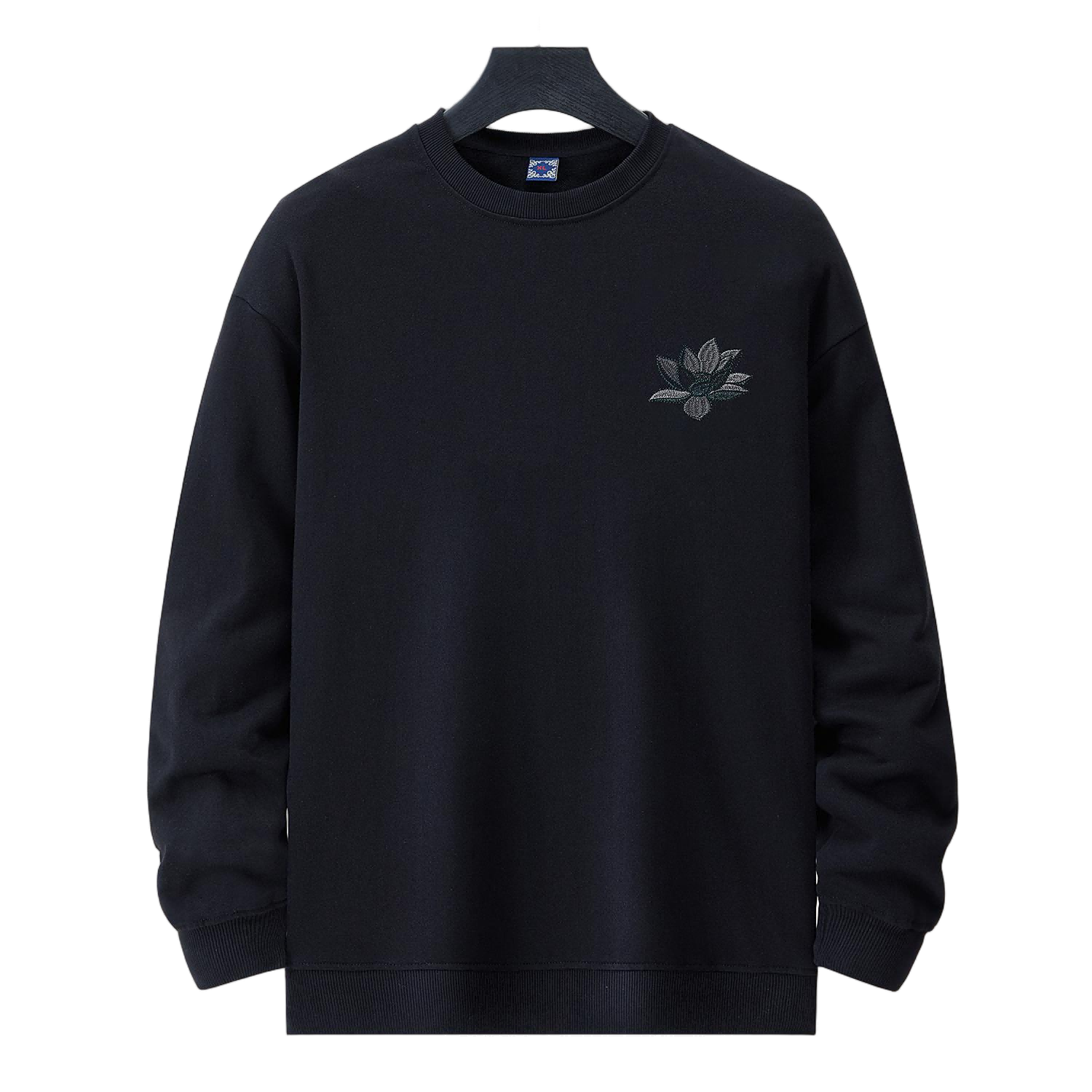 Front view of the black Kirin & Lotus Embroidered Sweatshirt with a small lotus at the left chest