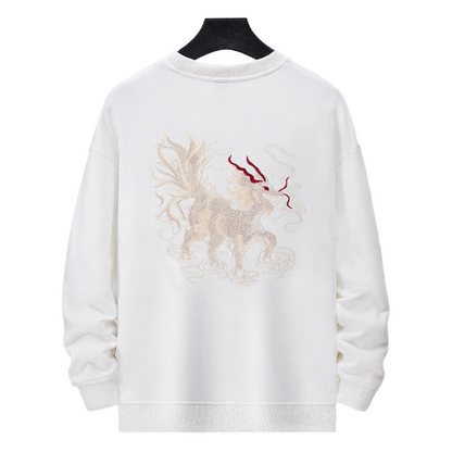 Back view of the white Kirin & Lotus Embroidered Sweatshirt with large Kirin motif and swirling clouds