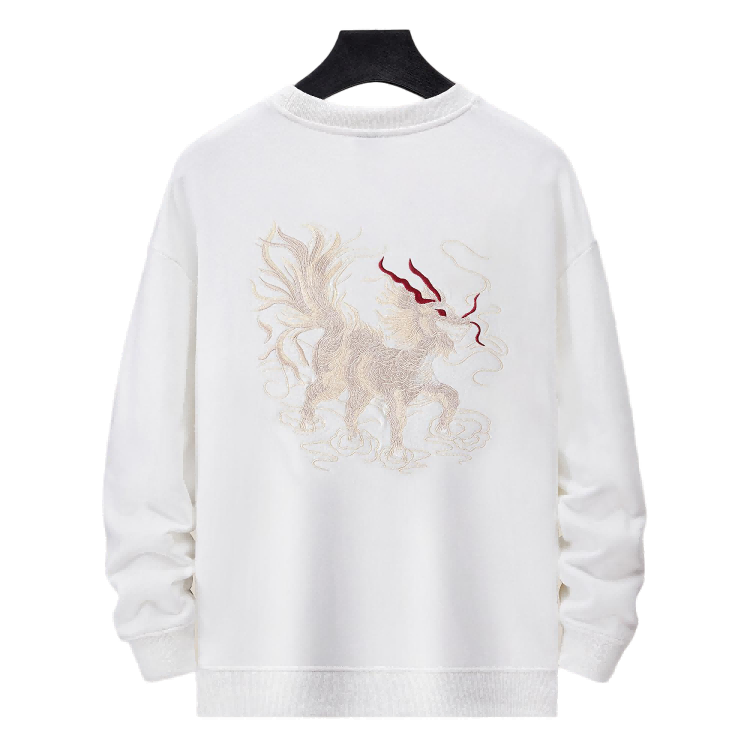 Back view of the white Kirin & Lotus Embroidered Sweatshirt with large Kirin motif and swirling clouds