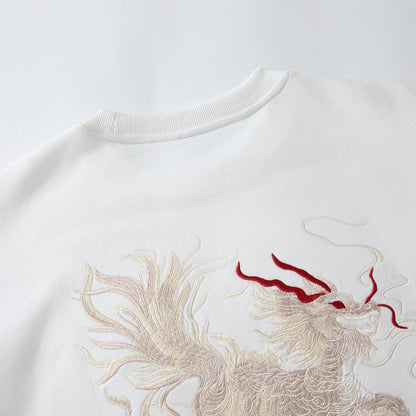 Back collar close-up of the white Kirin & Lotus Embroidered Sweatshirt showing flowing Kirin stitching and ribbed neckline