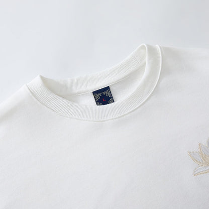 Ribbed crewneck detail of the white sweatshirt showing clean construction