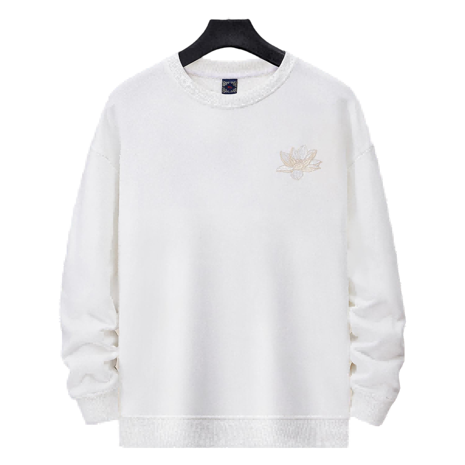 Front view of the white Kirin & Lotus Embroidered Sweatshirt featuring a small lotus at the left chest