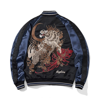 Back view in navy featuring a roaring kirin beneath a crescent moon with swirling clouds