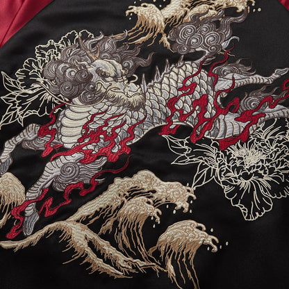 Kirin, flames, and wave crests embroidery detail