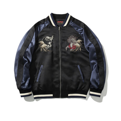 Front view of navy sukajan jacket with twin chest kirin and wave crest motifs