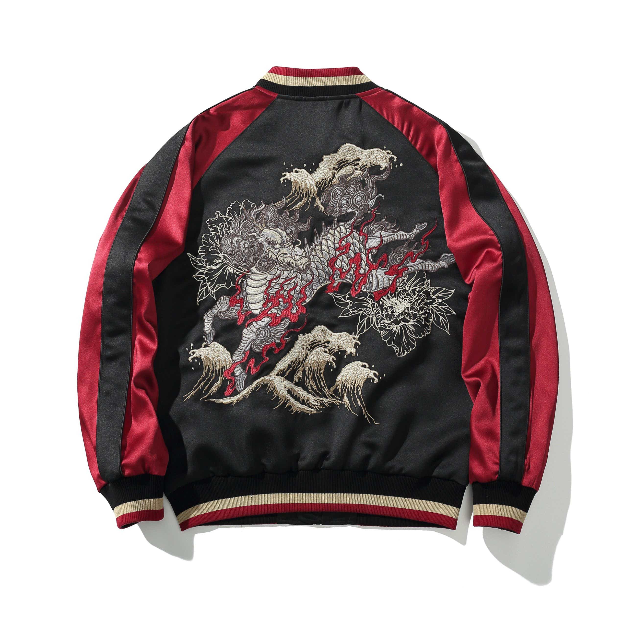 Back view of red sukajan jacket showcasing the galloping kirin amid peonies and cresting waves
