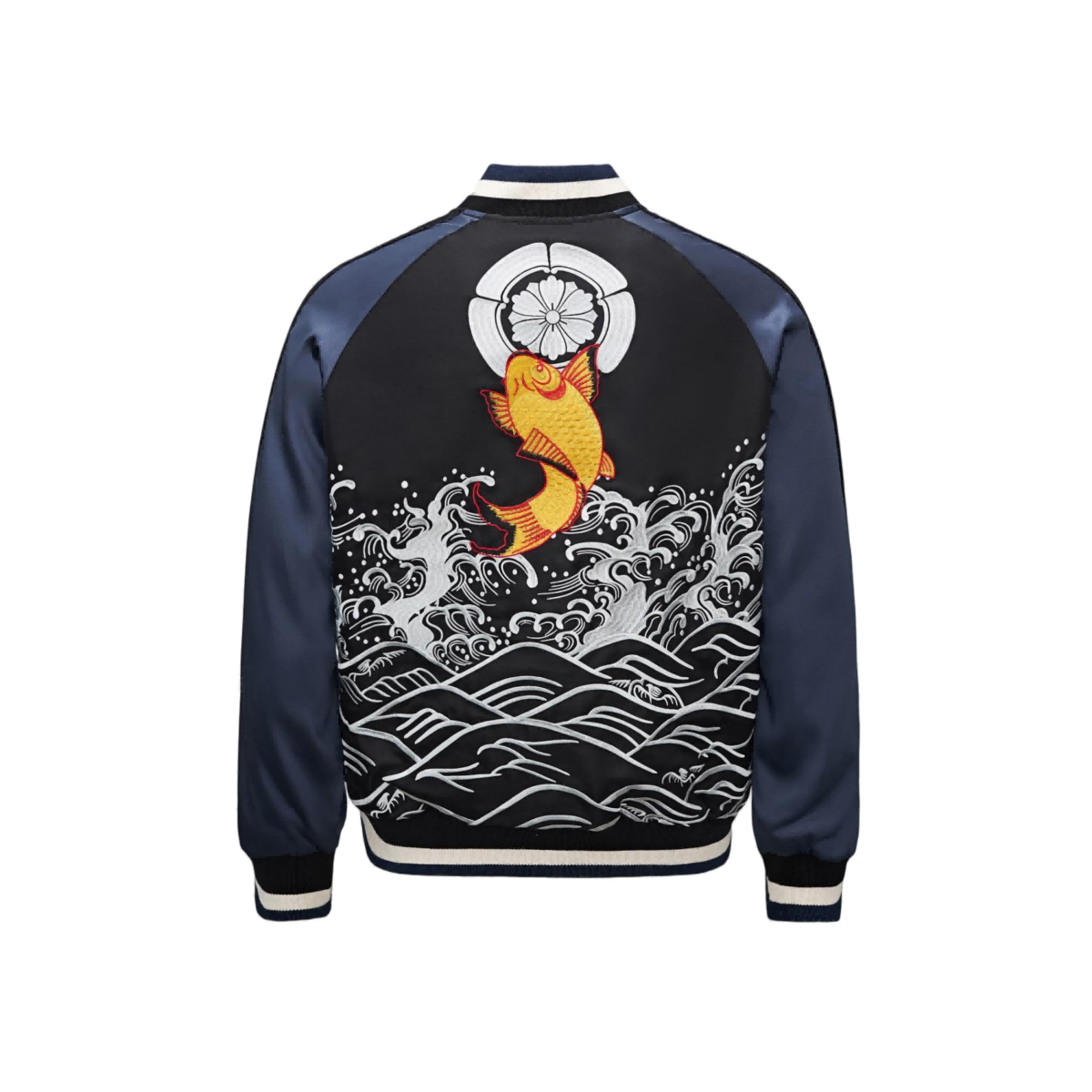Back view of the black and navy sukajan with a leaping koi over stylized waves and crest