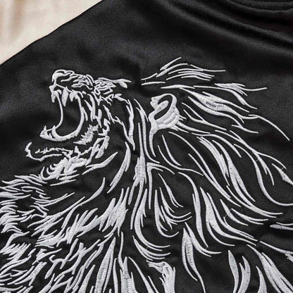 Beige color sukajan jacket back panel with bold outlined lion embroidery.