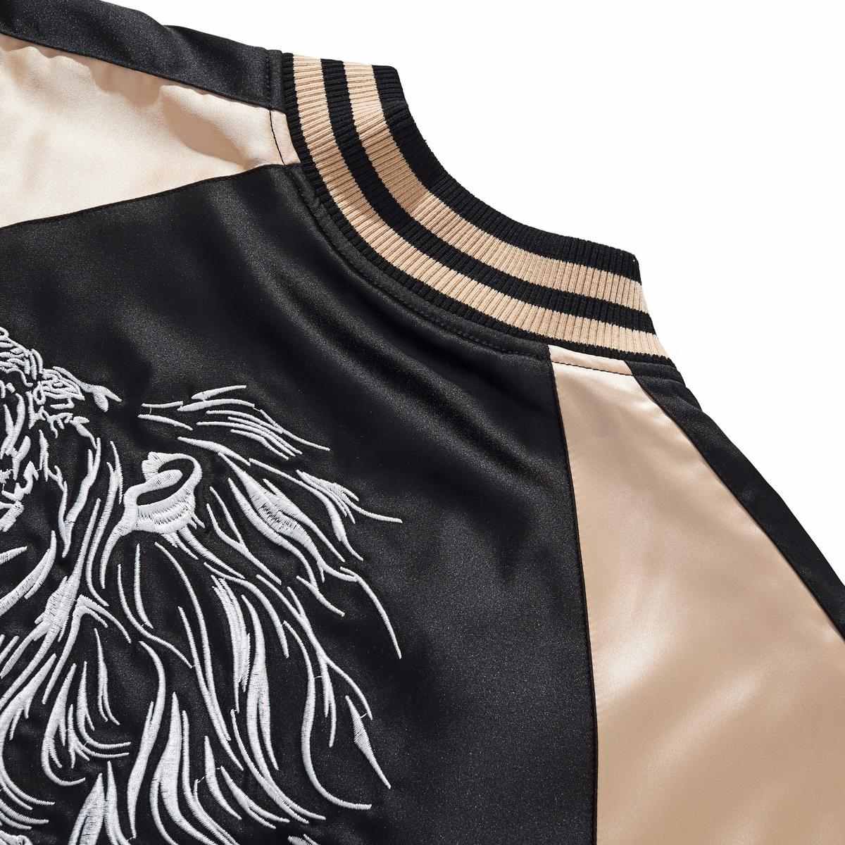 Beige color sukajan jacket back yoke with striped rib collar and outlined lion embroidery.