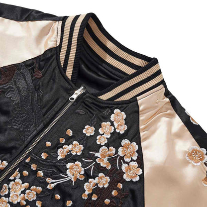 Beige color sukajan jacket collar and chest with cascading sakura embroidery and metal zipper.