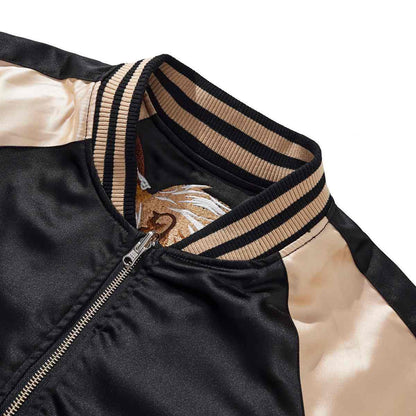 Beige color sukajan jacket neckline with striped rib and smooth front zipper finish.