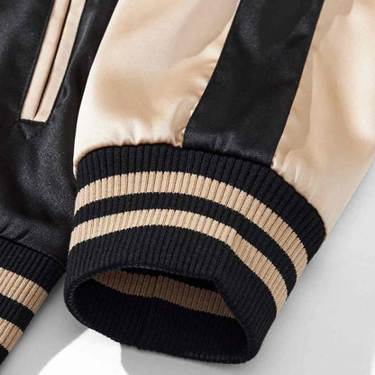 Beige color sukajan jacket ribbed cuff detail with twin contrast stripes.