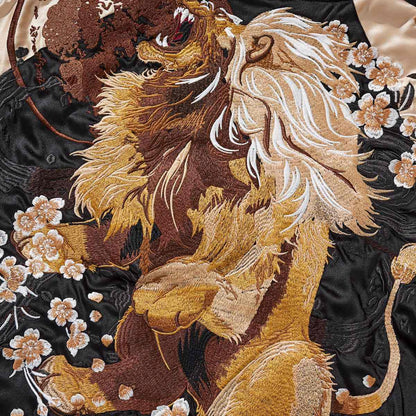 Beige color sukajan jacket embroidery close-up showing the lion mane texture and shading.
