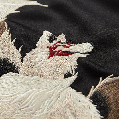 Fox face embroidery texture close-up on the back panel
