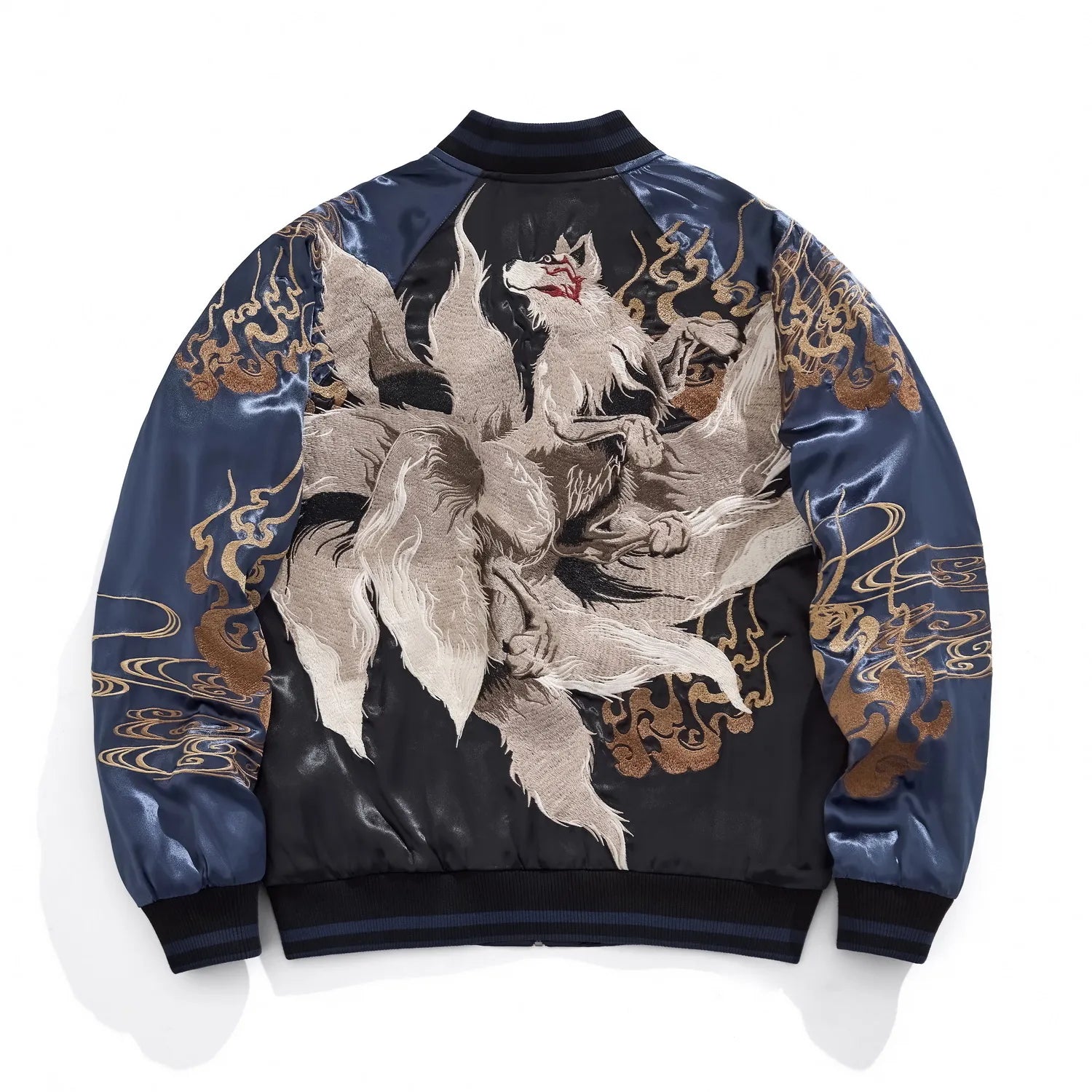 Back view of the jacket featuring a large, high-density embroidery of the white Nine-Tailed Fox (Kyubi no Kitsune).