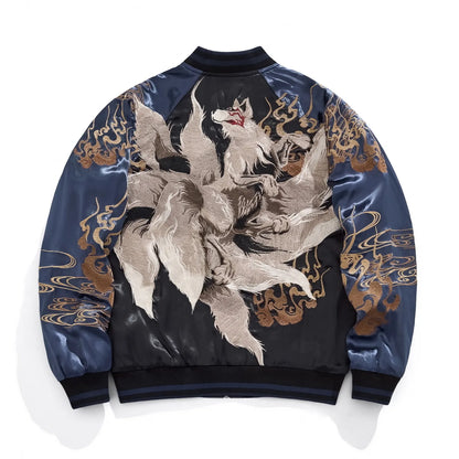 Back view of the jacket featuring a large, high-density embroidery of the white Nine-Tailed Fox (Kyubi no Kitsune).