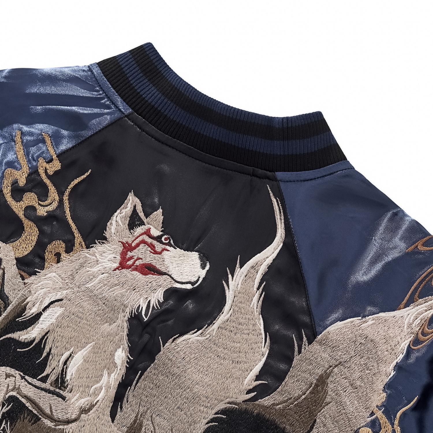 Close-up of the back shoulder on the midnight blue jacket showing the Fox's head and spirit flames.