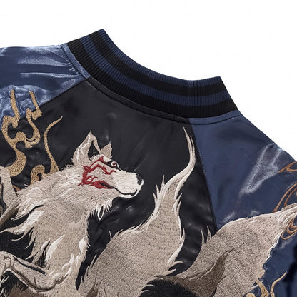 Close-up of the back shoulder on the midnight blue jacket showing the Fox's head and spirit flames.