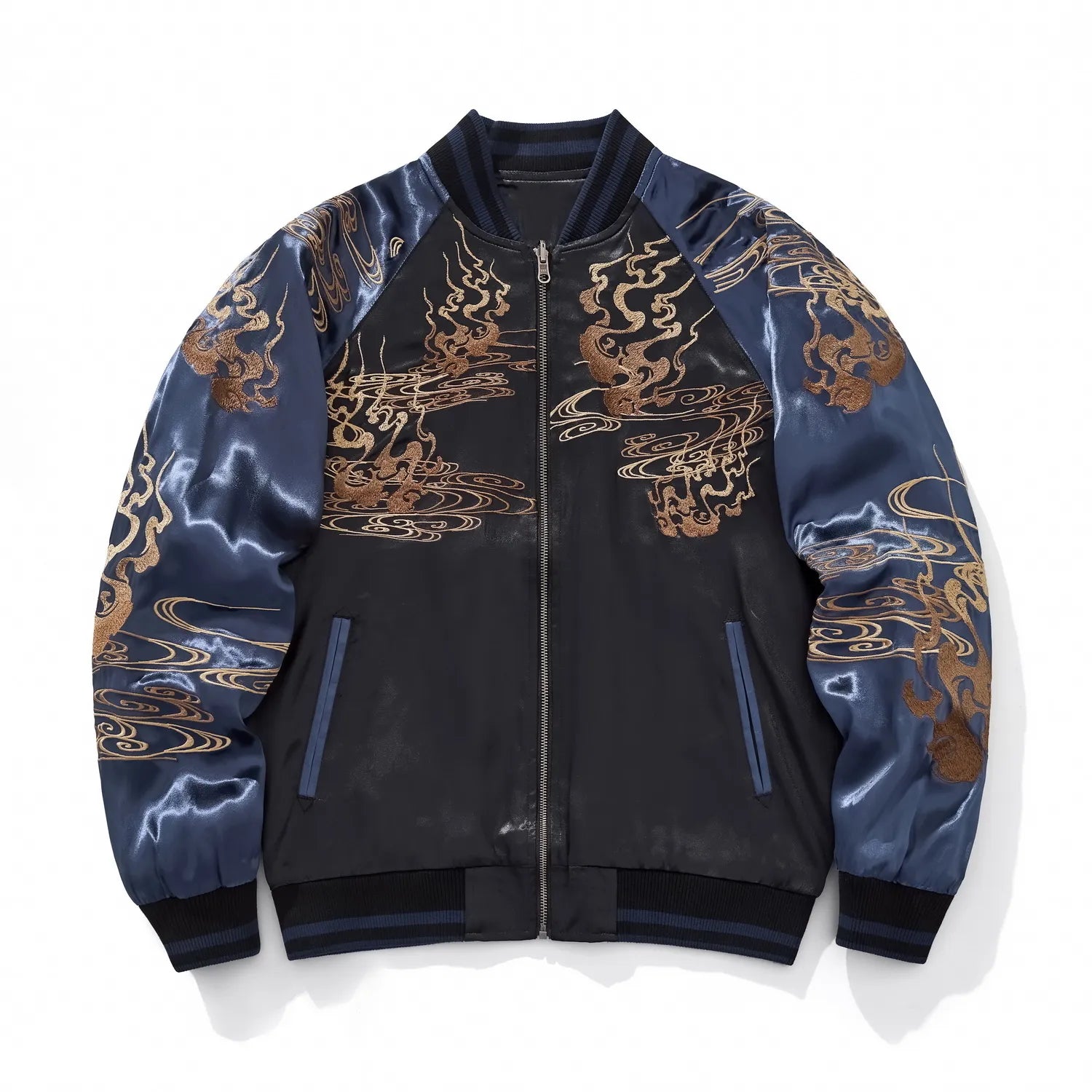 Front view of midnight blue and black Sukajan jacket featuring gold cloud and spirit flame embroidery on the chest.