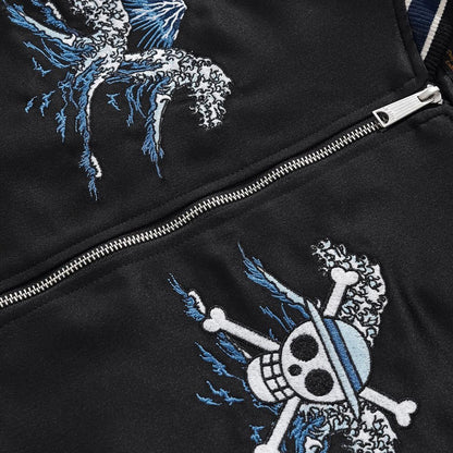 Chest Jolly Roger and wave embroidery across the zipper