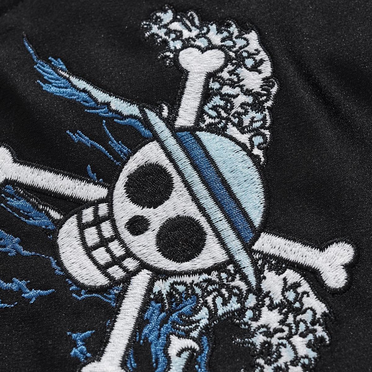 Straw Hat Jolly Roger and splash stitching detail