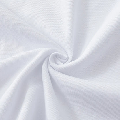 Side angle view highlighting the fit and drape of the white embroidered streetwear T-shirt.