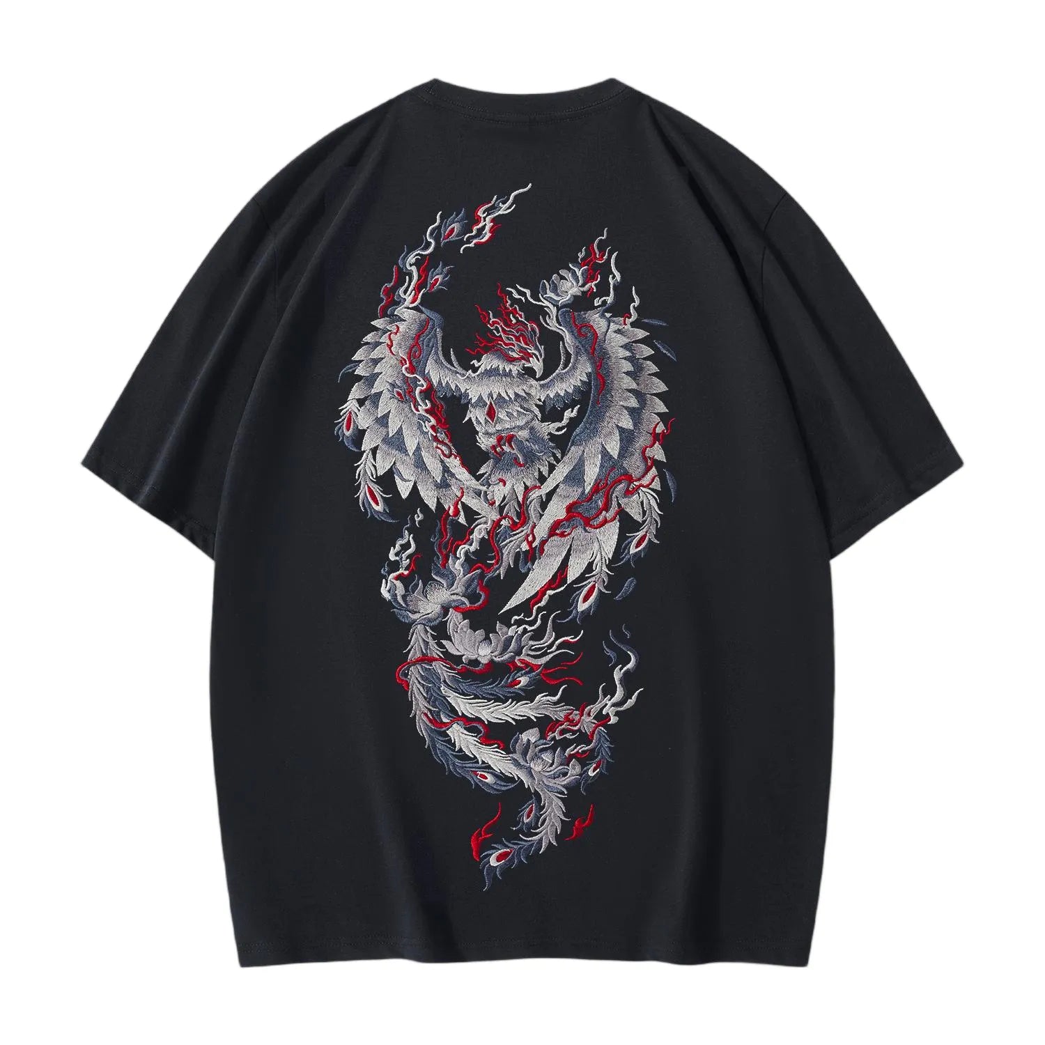 Back view of black pure cotton T-shirt featuring a large, high-density Phoenix and flames embroidery.