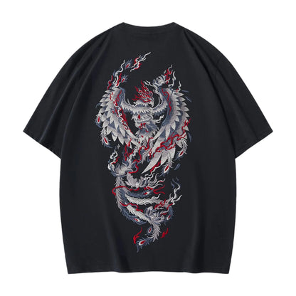 Back view of black pure cotton T-shirt featuring a large, high-density Phoenix and flames embroidery.